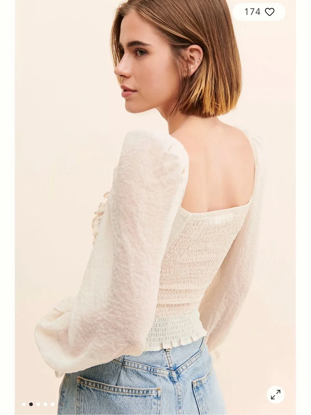 Astr Cream Ruched Square-Neck Puff-Sleeve Blouse